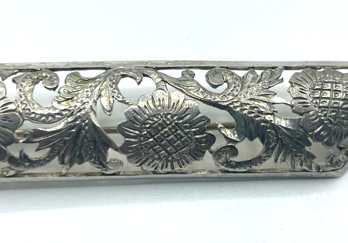 Antik 800 Silber Brosche Anstecknadel mit Durchbruch Distel Muster Handarbeit3