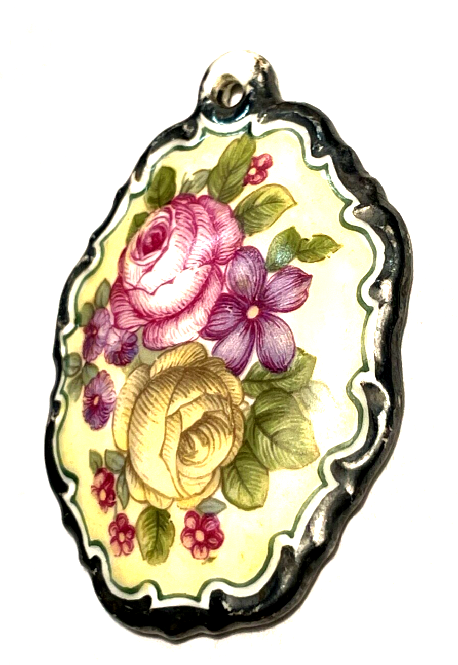 Antik Rosenthal Porzellan Anhänger Rosen Motiv Handmalerei 30er Jahre H 57 mm0