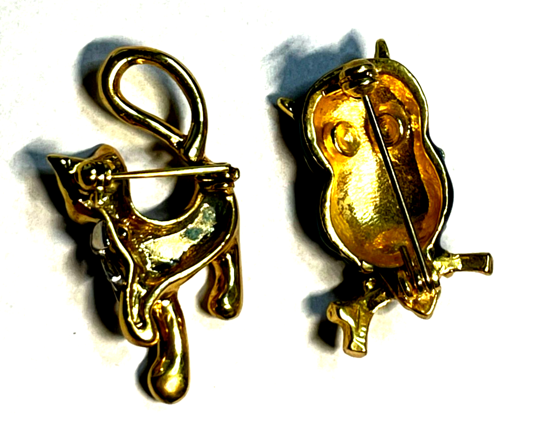 2x vintage Modeschmuck Brosche Anstecknadel Eule + Katze mit Swarovski Kristall3