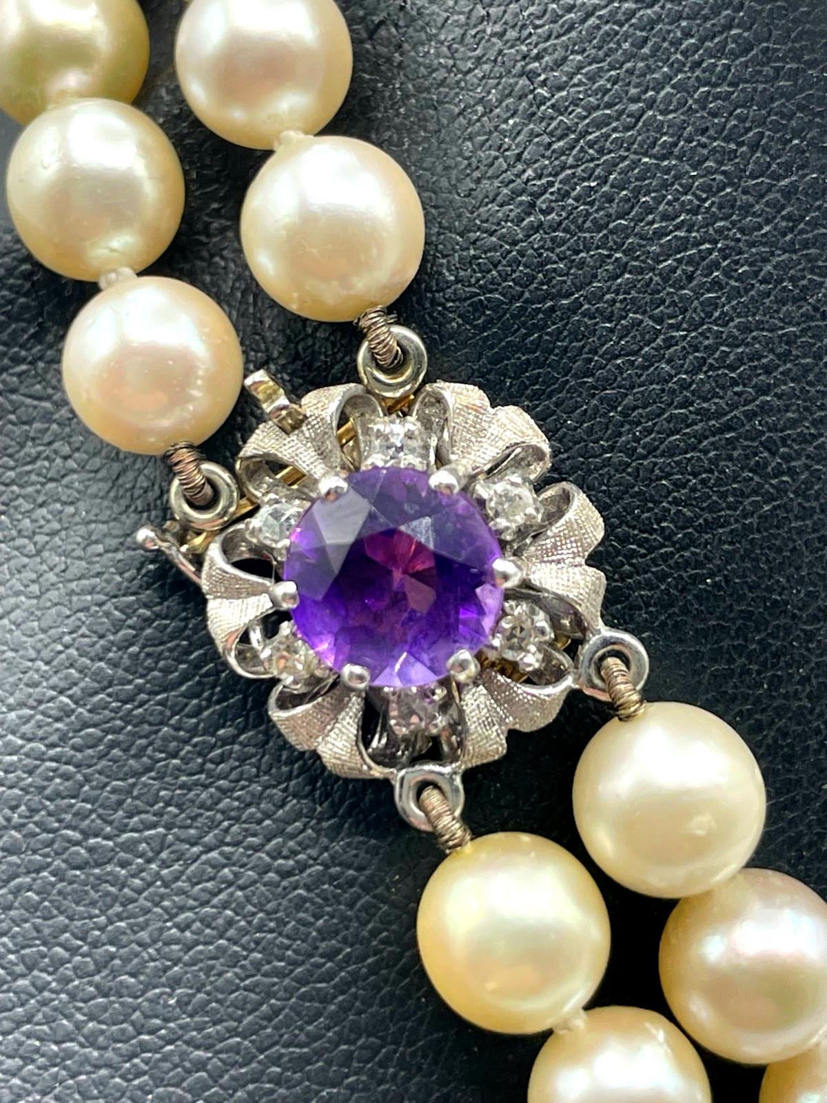 Bicolor 585 Gold Brillanten + Amethyst an 2 reihiger Akoya Perlenkette Ø 7 mm6