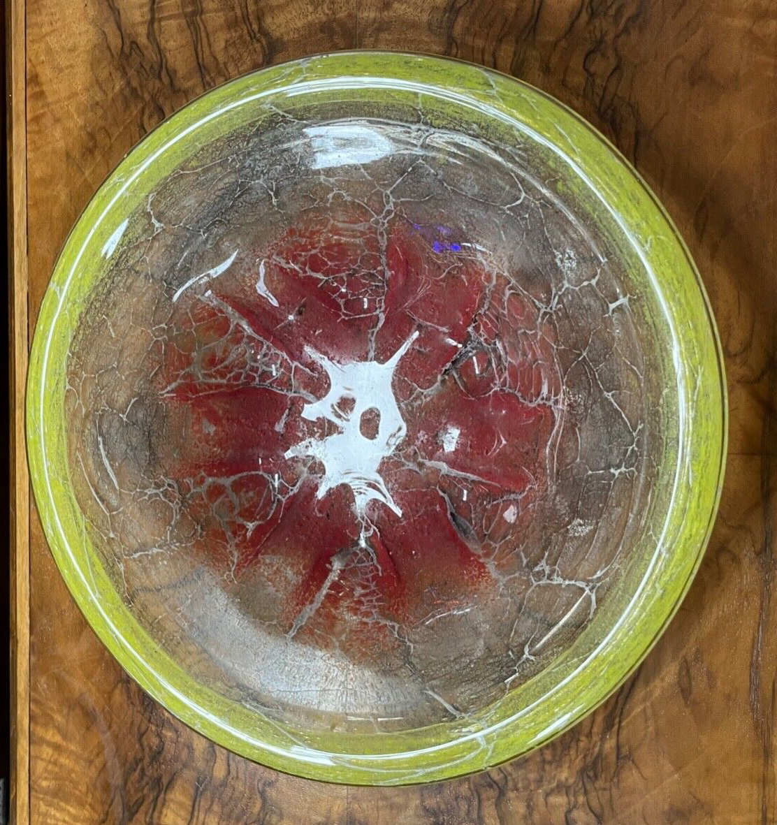 Antik IKORA Glas WMF Uranglas Schale 1A Zustand Ø 32 cm intensiv rot + neongelb4