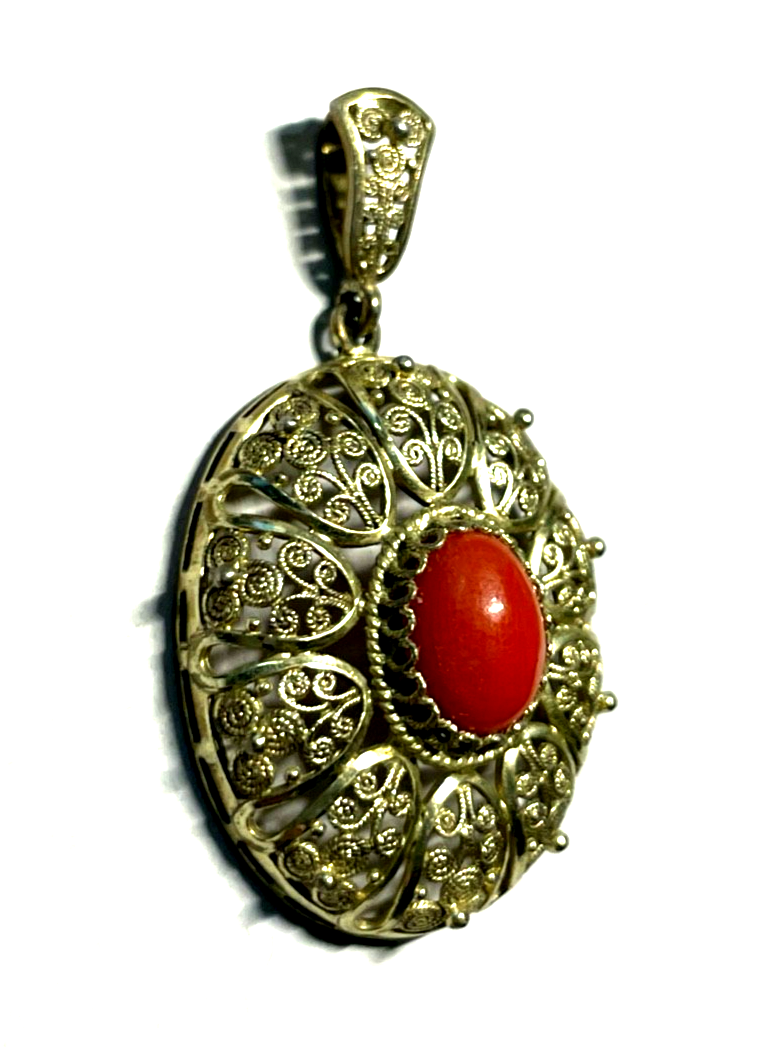 Antik edler 800 Silber Jugendstil  Filigransilber Anhänger + Koralle Handarbeit2