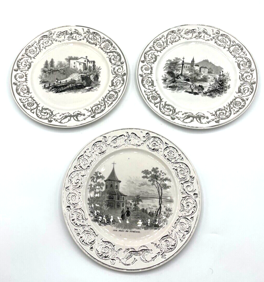 * Antik 3 Keramik Teller Landschaft Szenerie vor 1900 Silber Rand Dekor Ø 18,2cm1