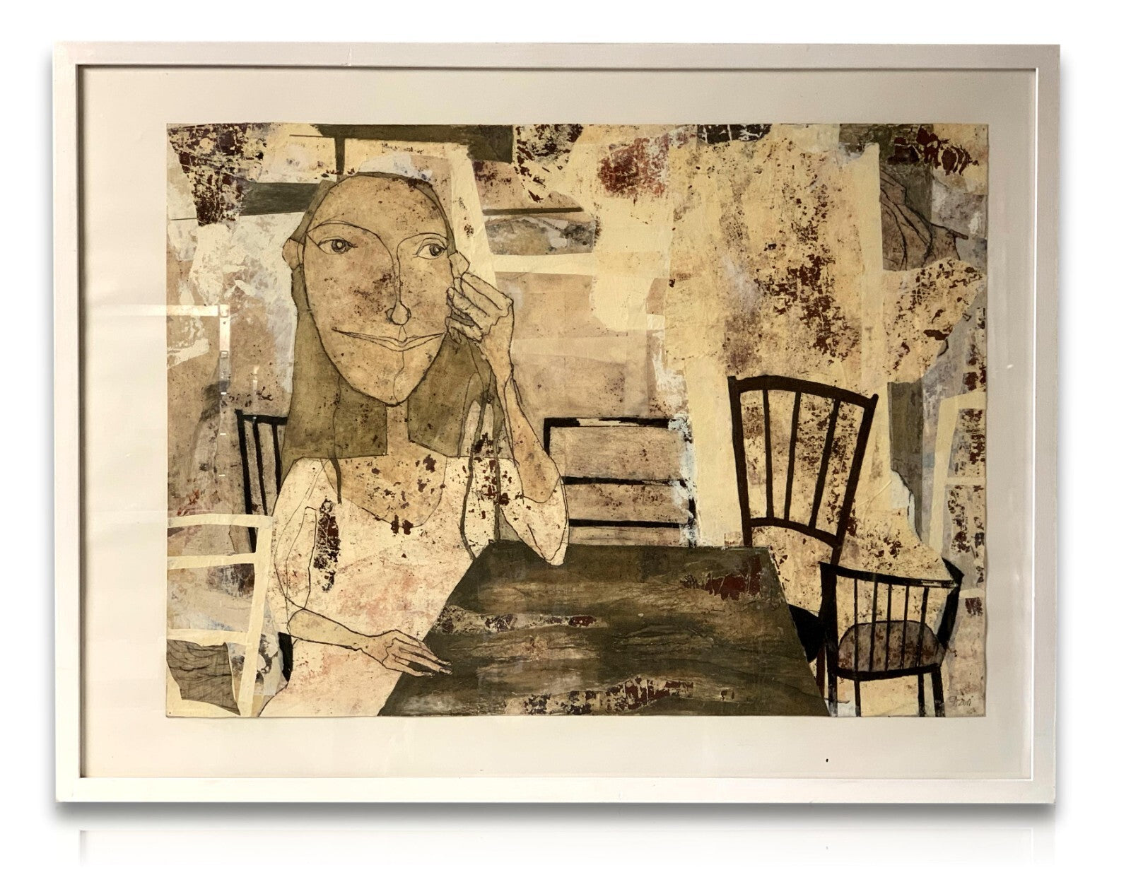 Elke Pollack 'am Tisch' - Gemälde Mischtechnik Collage - moderne Kunst gerahmt0