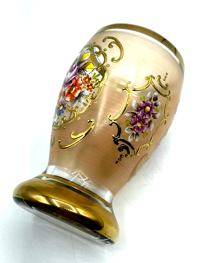 Vintage Pokal satiniertes  Glas Becher handbemalt Ranftbecher Blumen Gold Dekor6