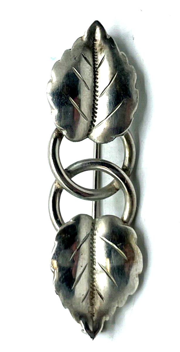 Antik 800 Silber Brosche Anstecknadel 2 Blätter Design Handarbeit 30erJ L 47 mm3