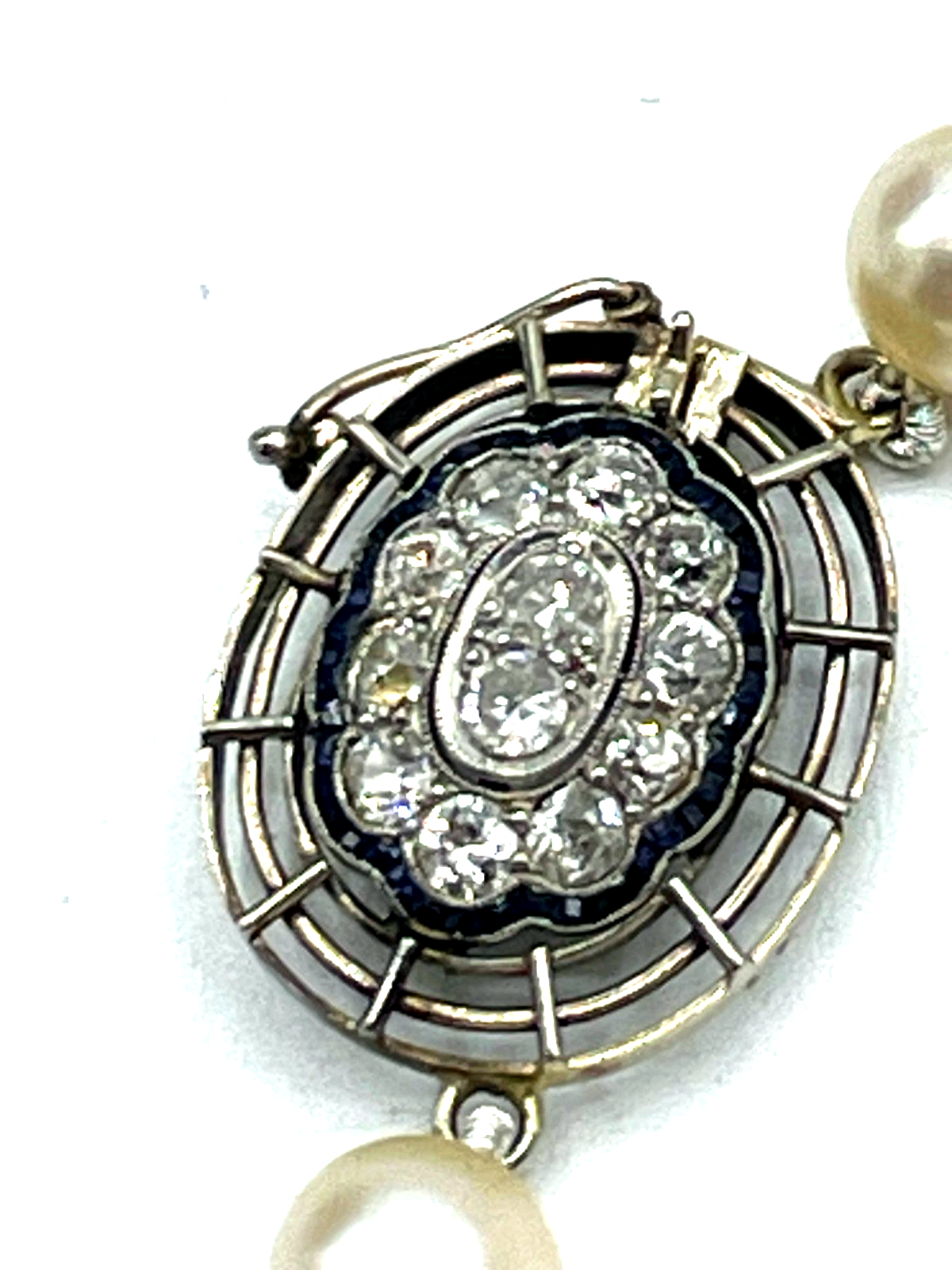585 Gold Brillanten + Saphire Art Déco Flapper Kette 92 cm Perlenkette Ø 7 mm18