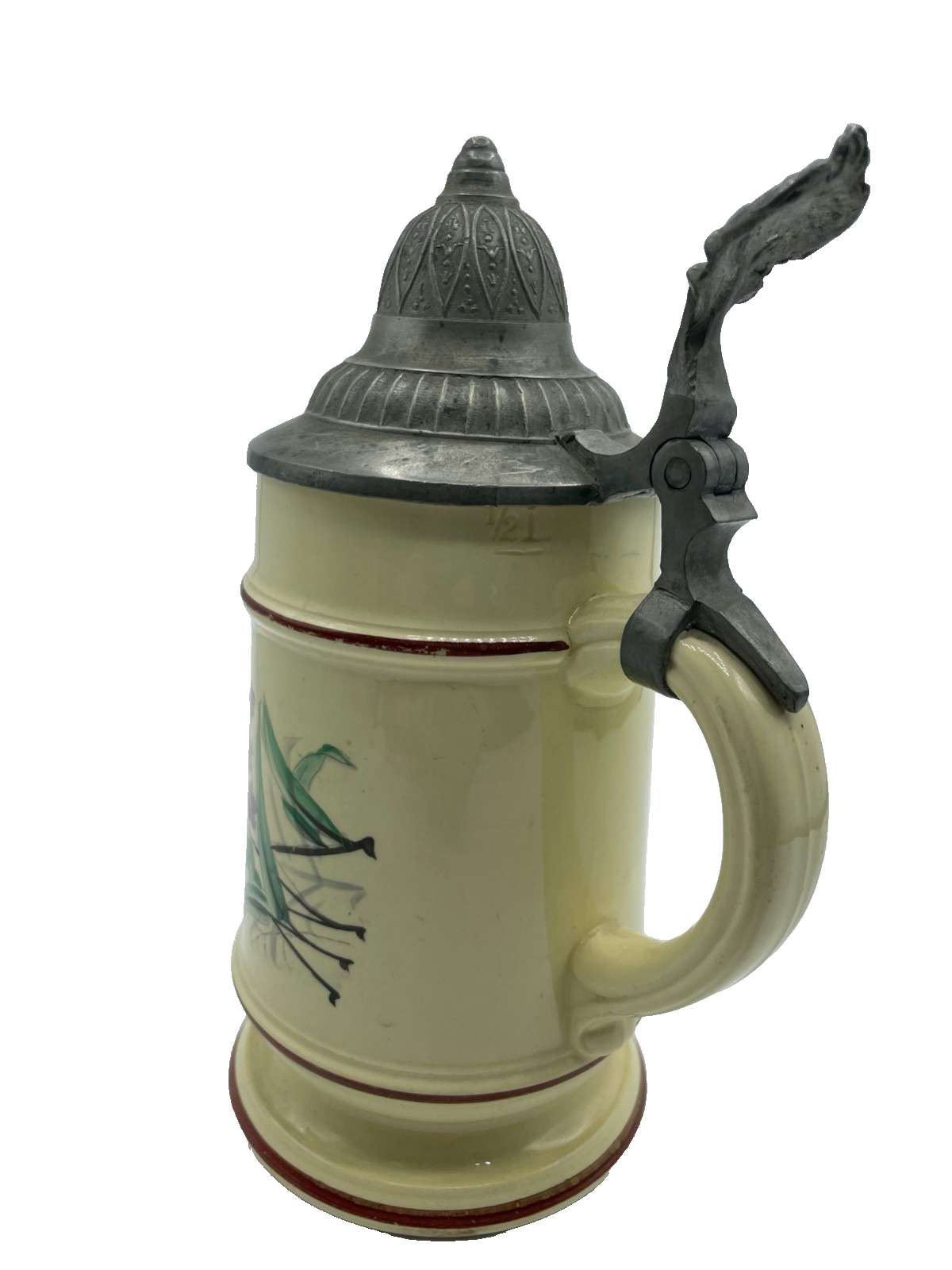 Antik Porzellan Bierkrug mit Zinn Deckel Bier Seidel um 1900 Gruß aus Haiterbach8