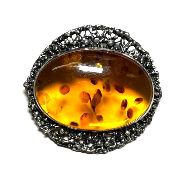 925 Silber Brosche Designer Anstecknadel / Anhänger Bernstein Cabochon Inklusen2