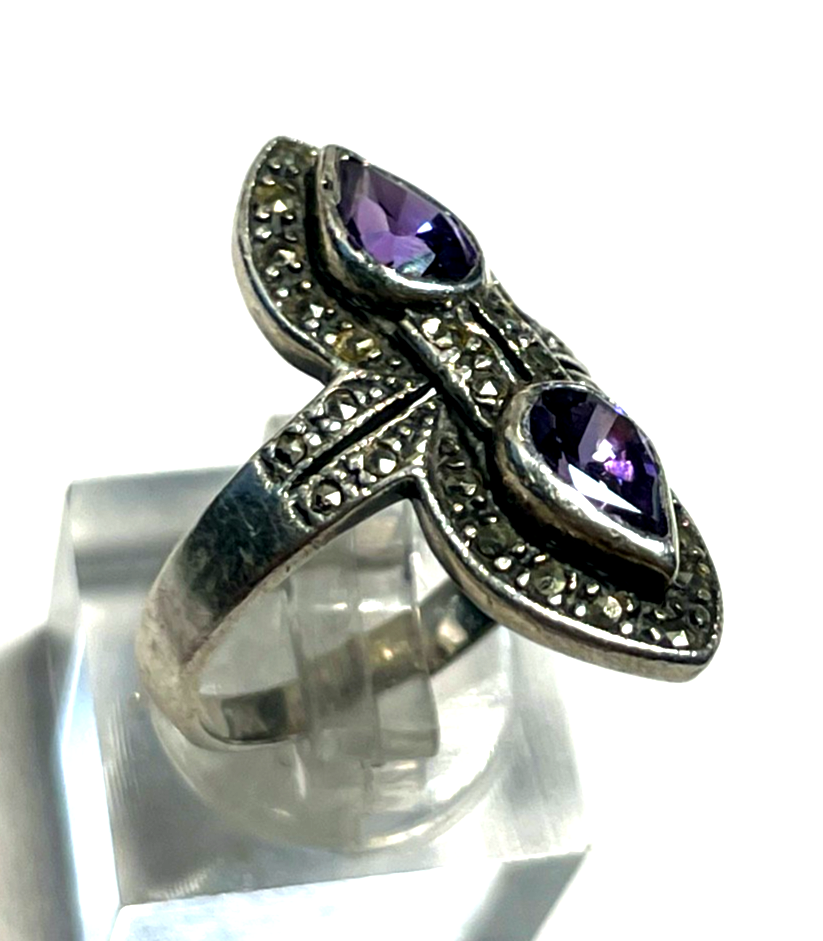 925 Silber Ring mit Amethyst + Markasit antikstil  RG 53 Ø 17mm2