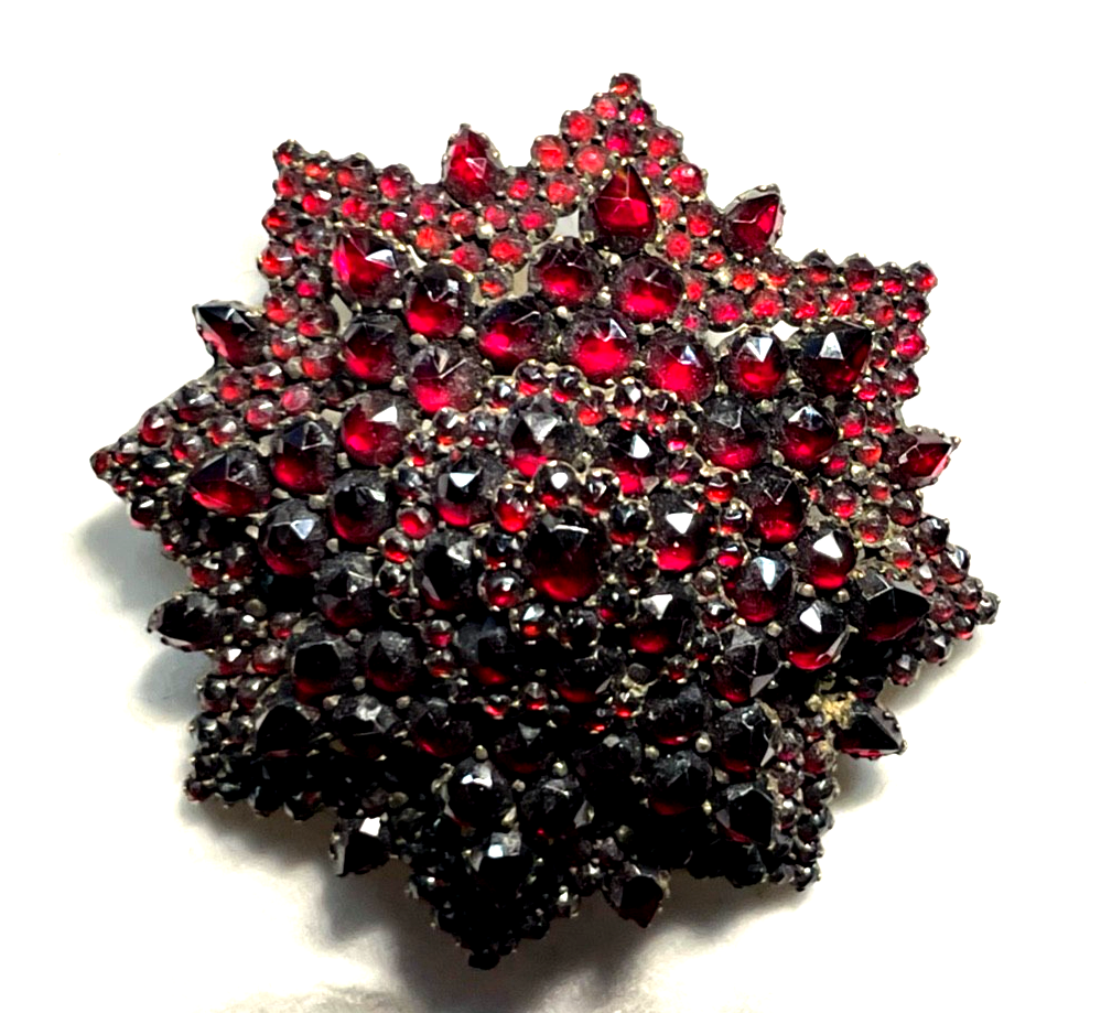 Antik attraktive Granat Brosche vor 1900 Silber vergoldet Ø 45 mm ungereinigt3