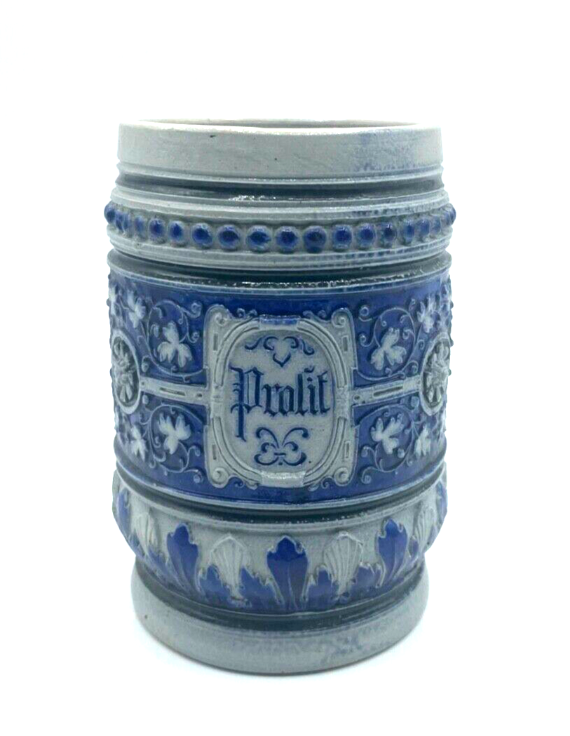 Alter Maskaron Steinzeug Henkelbecher Weinbecher  Becher 1/2 Ltr. um 1900 Prosit1