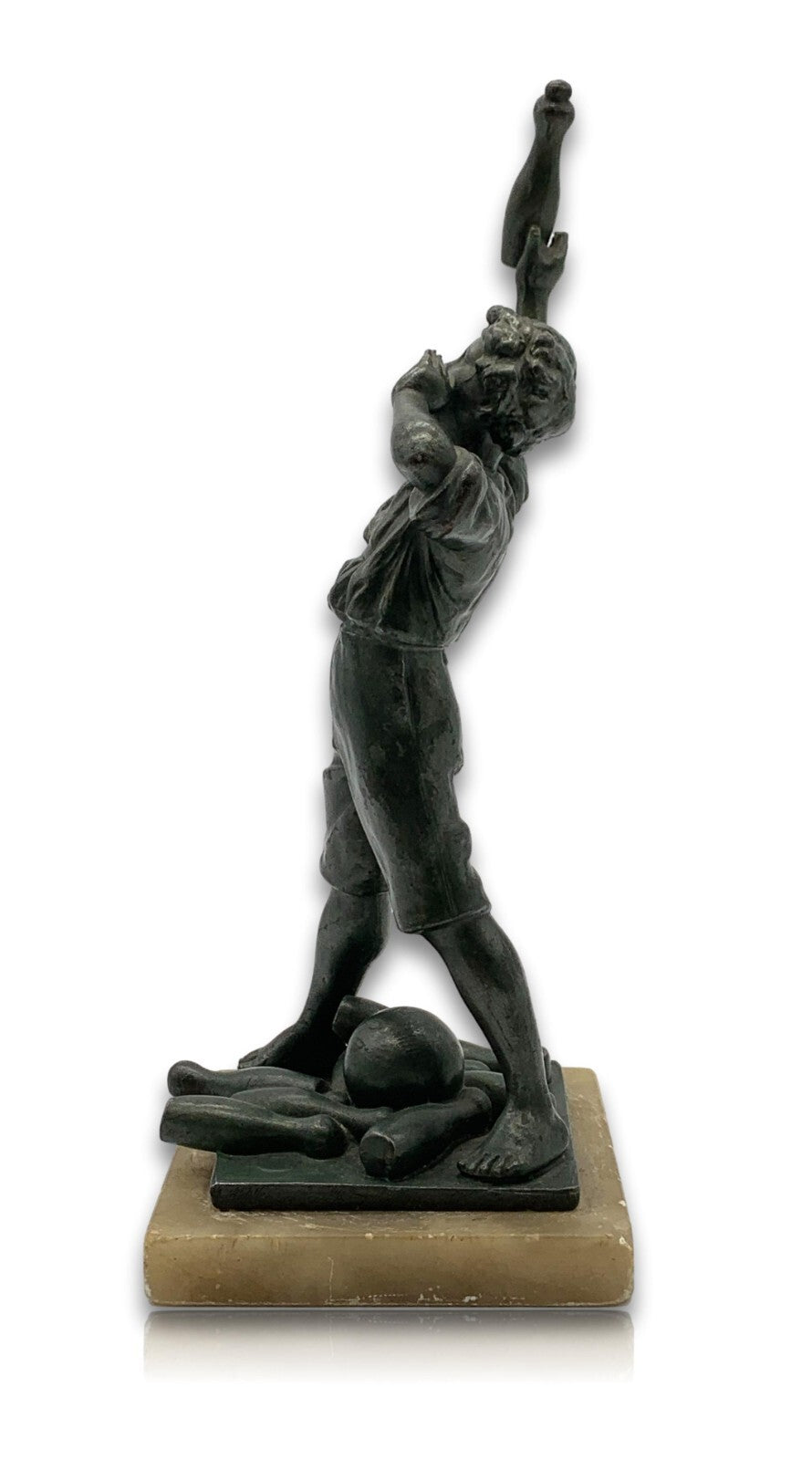 Zink Figur Skulptur patiniert- 'alle Neune' - Junge Bub mit Kegel - Marmorsockel1