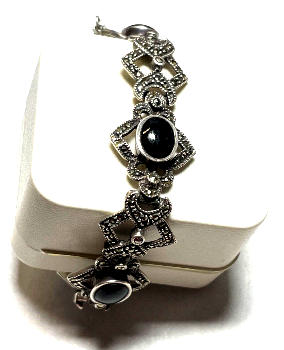 Traumhaftes solides 925 Silber Armband Handarbeit schwarzer Onyx + Markasit5