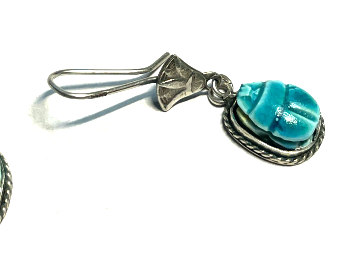 Vintage handgefertigte 925 Silber Ohrhänger Skarabäus mit Kartusche + Lotusblüte6