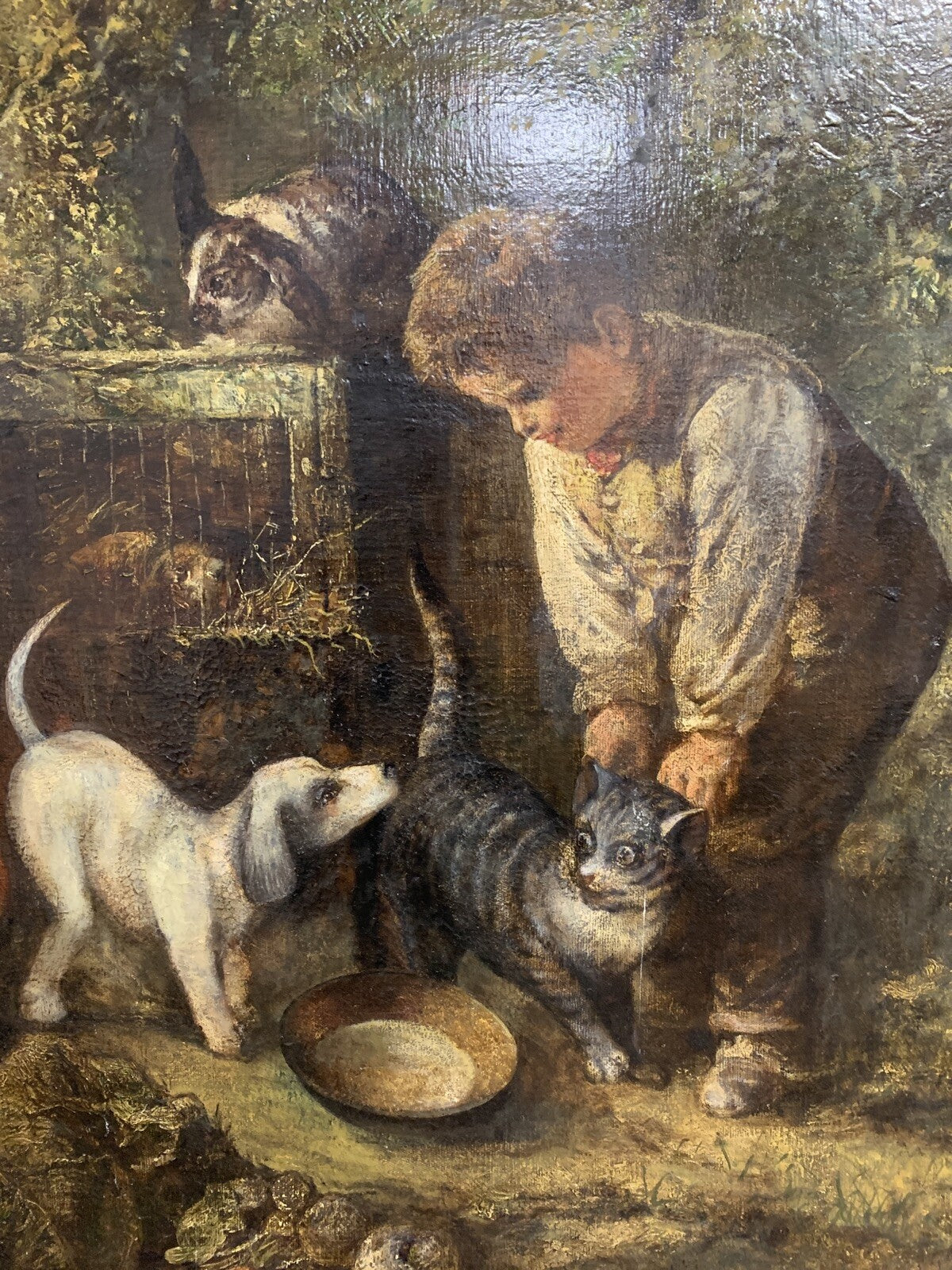 Jules Dhotretiz - Ölgemälde Leinwand um 1850  - Junger Knabe im Hasenstall 3