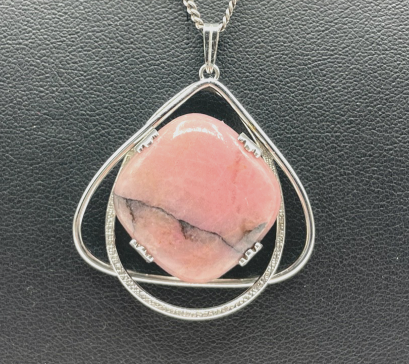 70er J Design 835 Silber Anhänger Rhodochrosit Cabochon Amulett an Silber Kette2
