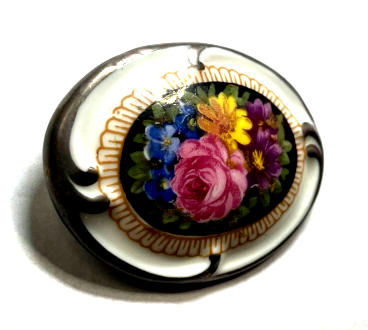 Antik Schumann Porzellan Brosche Blumen Motiv Handmalerei 30er Jahre H 37 mm2