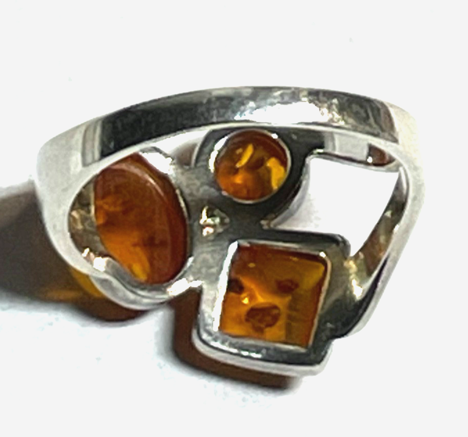Aparter 925 Silber Ring 3 x Bernstein Cabochon RG 51 Ø 16,2 mm gepflegt5
