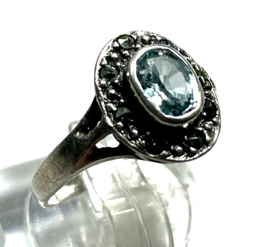 Antik 925 Silber Ring aquamarin farbig wasserblau Spinell 30erJ RG 50 Ø 15,9 mm0