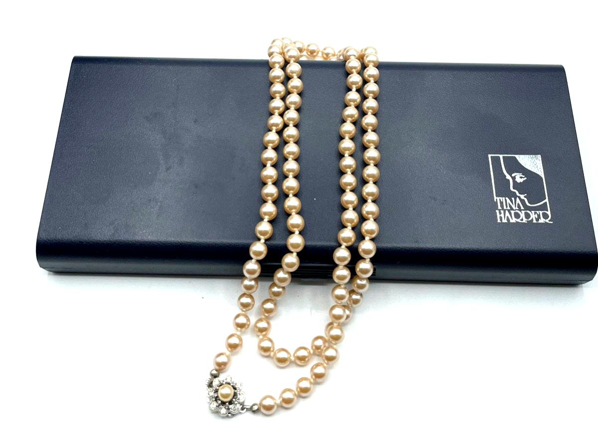 Vintage Tina Harper 68 cm Perlenkette apricot Ø 7,5 mm mit Box Modeschmuck gepfl0