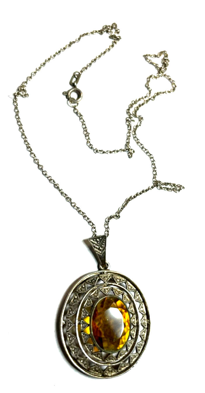 Antik 835 Silber Kette mit großer Anhänger Citrin cognac farbig 20er J gepflegt8