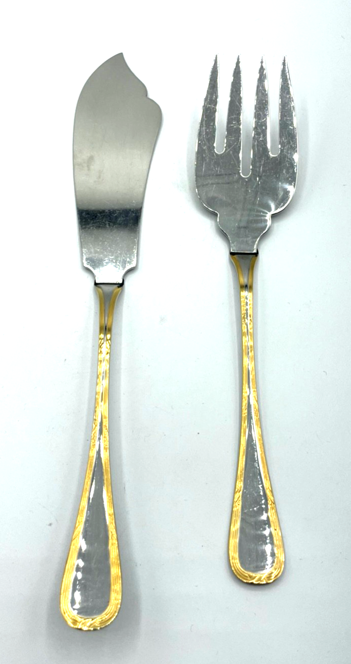 Vintage Kreuzband Edelstahl Gold Fischbesteck 12 Personen 26 Teile Vorleger6