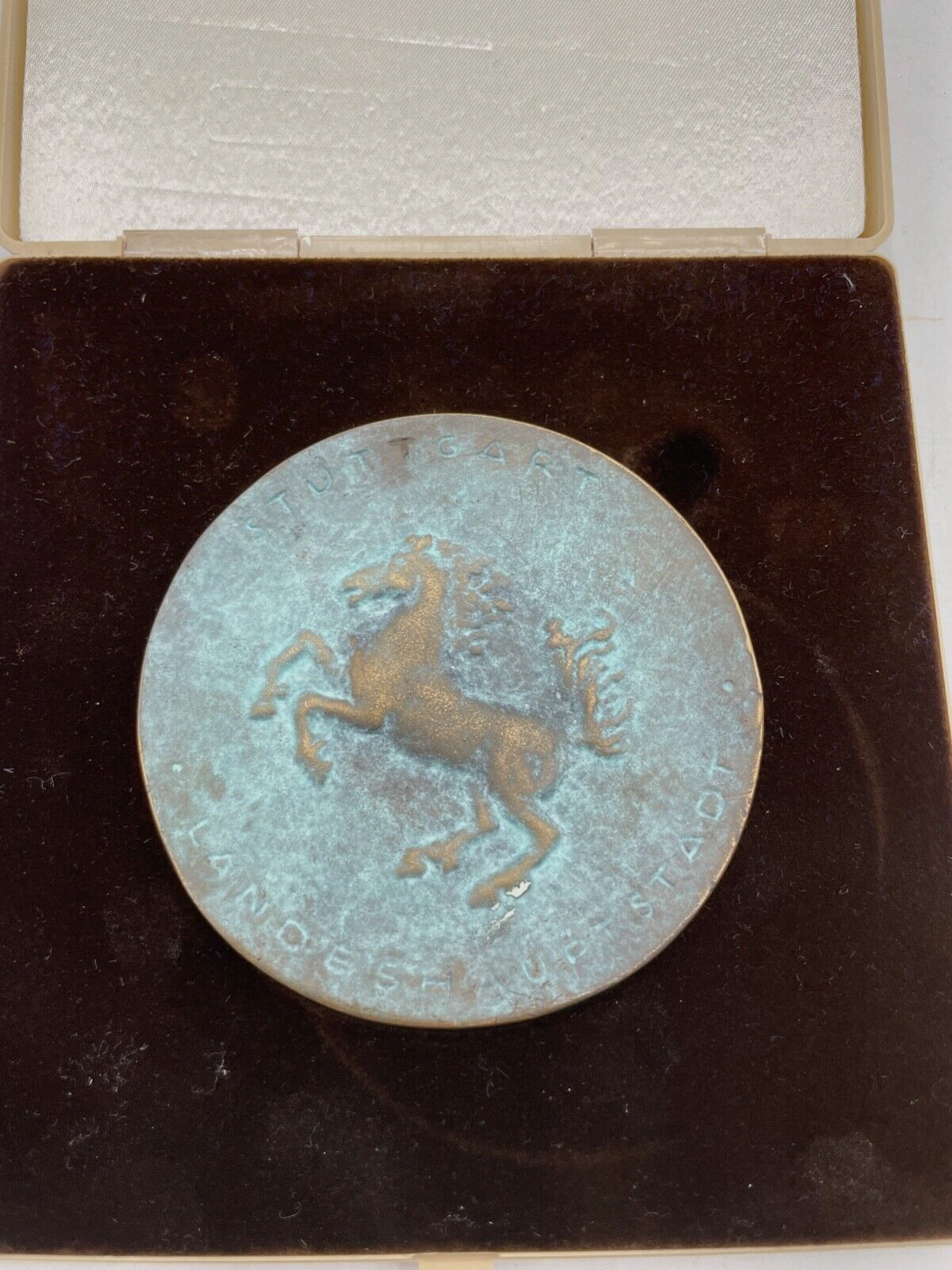 Alte Bronze Plakette Verdienste im Sport 1987 Stuttgart Pferd Ø 9cm Etui 415 Gr.1