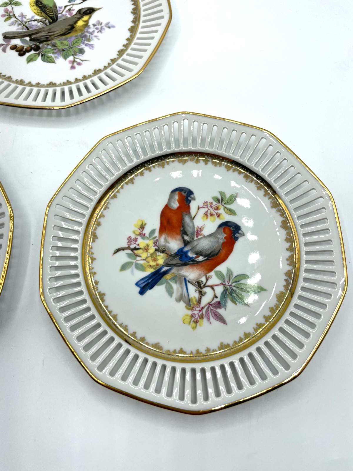3 Zierteller Winterling Porzellan Durchbruch Rand verschiedene Vögel + Golddekor3