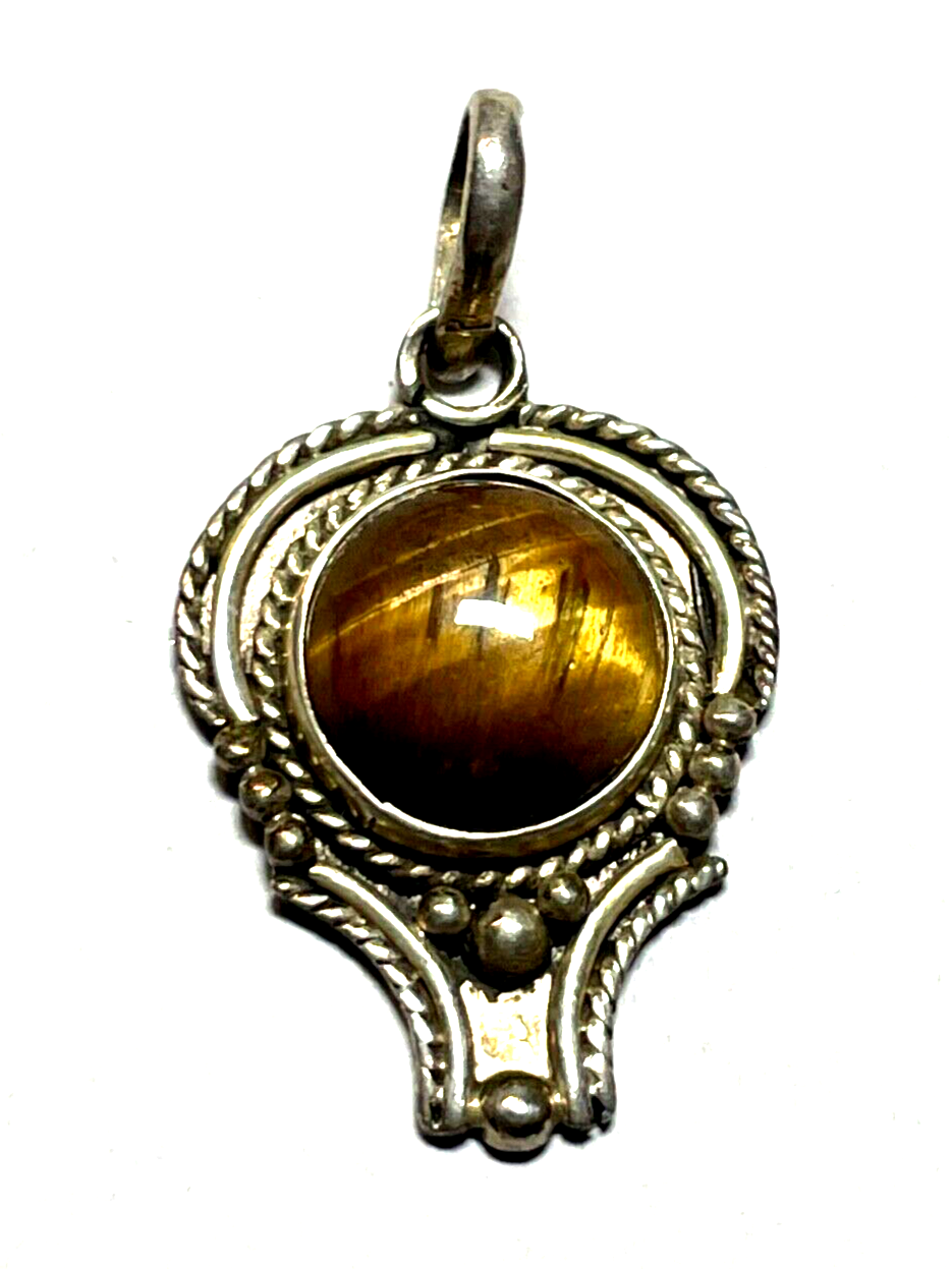 Ethno 925 Silber Anhänger Tigerauge Cabochon rund Handarbeit Geschäftsauflösung0