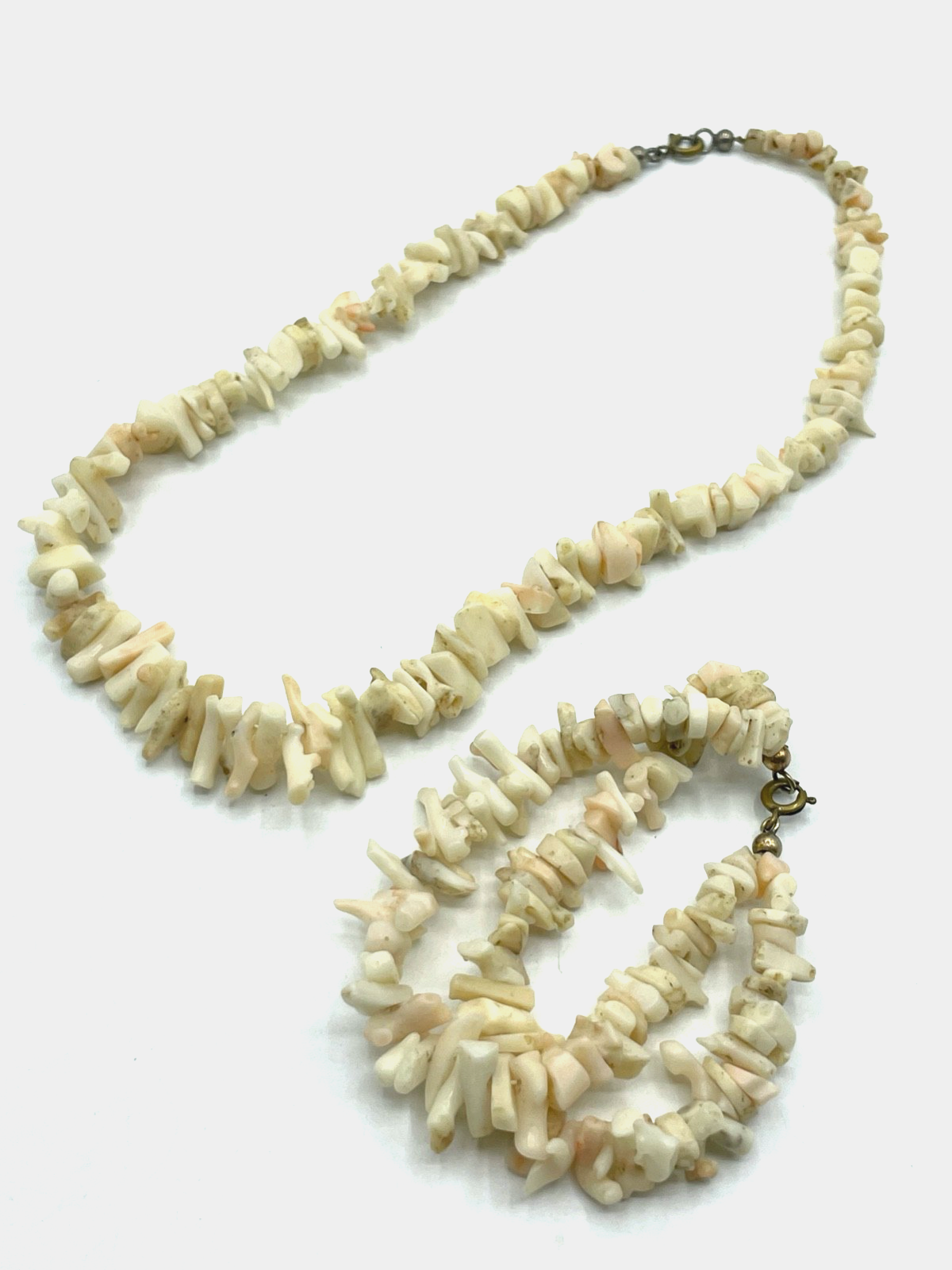 Vintage weiße Koralle Set Halskette + Armband 2-reihig 50er Jahre Splitterkette1