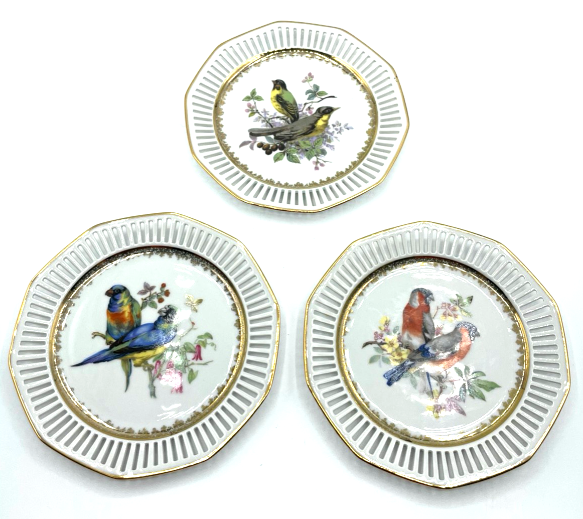 3 Zierteller Winterling Porzellan Durchbruch Rand verschiedene Vögel + Golddekor0