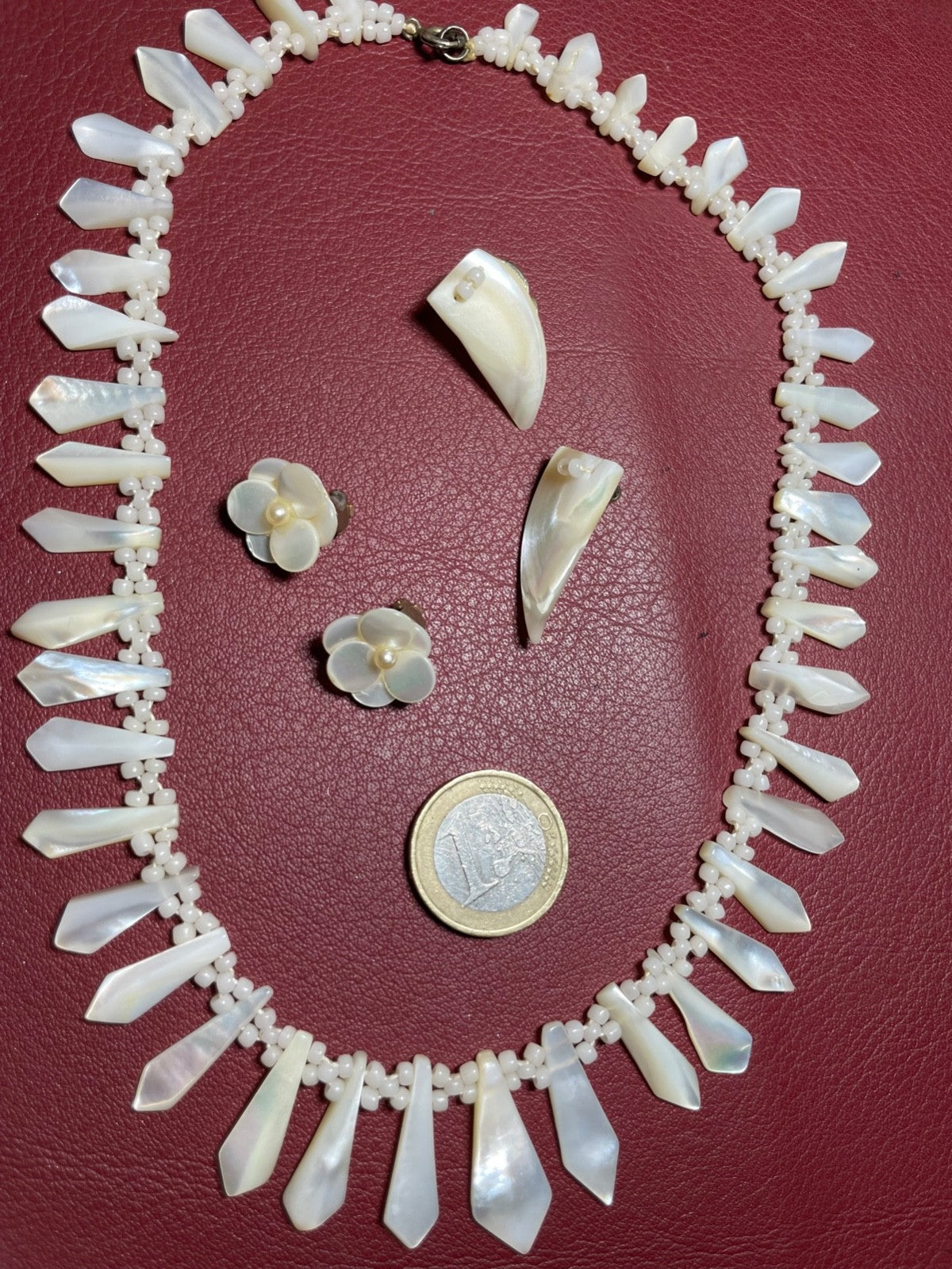 Antik Set wunderschönes antik Perlmutt Collier + 2 Paar Ohrclips Handarbeit7