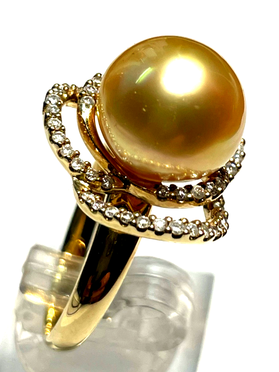 Elegant 585 Gold 14 K Ring Tahiti Perle Ø 12mm 40 Pavé Diamanten Ø 17,5mm RG 552