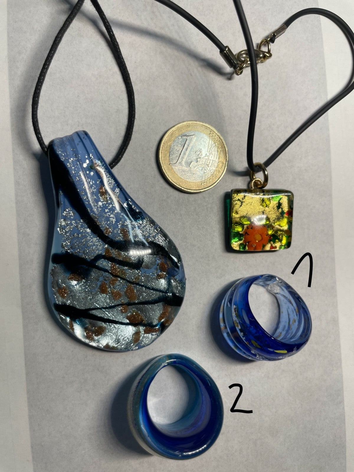 Vintage Handarbeit Murano Glas Schmuck 2 Ringe 2 Anhänger sehr gepflegt9