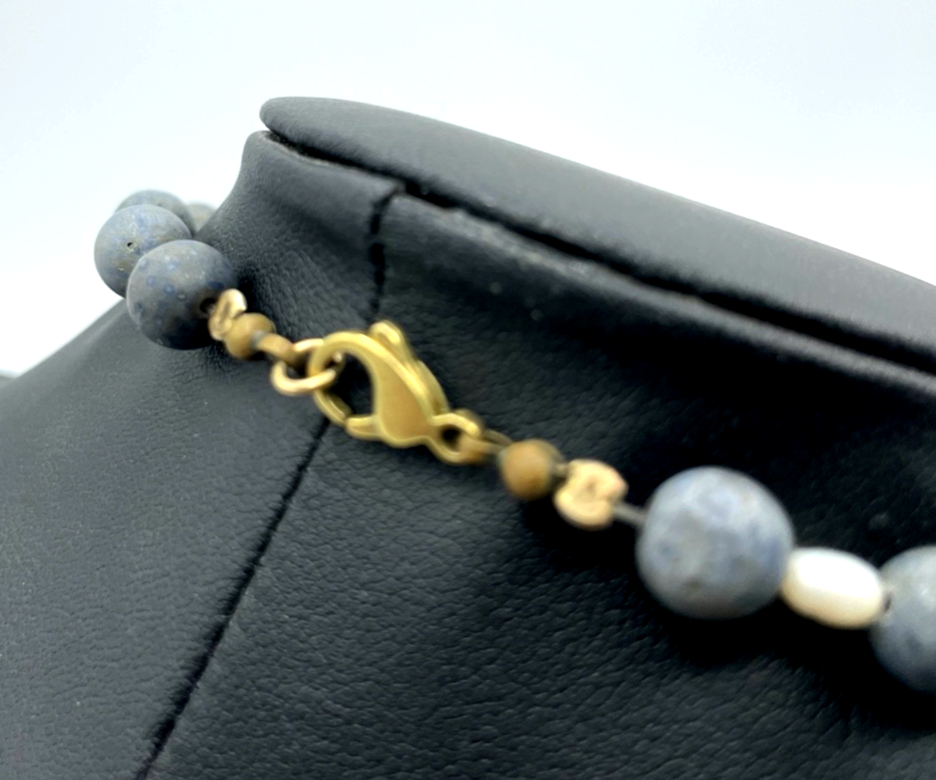 Vintage Korallenkette blau + echten Perlen Granat Mix 333 Gold Karabiner Unikat2