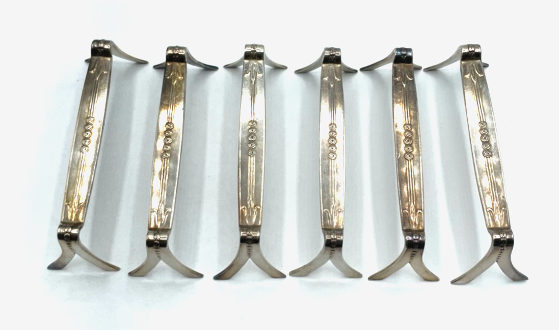6 Stück versilberte WMF Messerbänkchen Jugendstil Straussenmarke Rosen Muster0