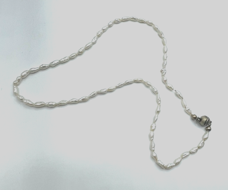 Elegant 45, 5 cm Biwa Perlen Perlenkette Reiskorn 925 Silber Kugelschliesse gepf4