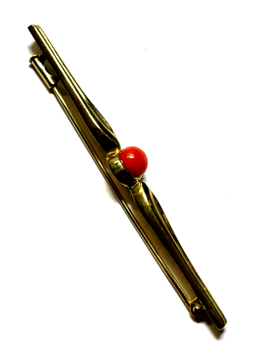 Klassische Stabbrosche Anstecknadel 333 Gold 8 K GG mit Koralle Button gepflegt5