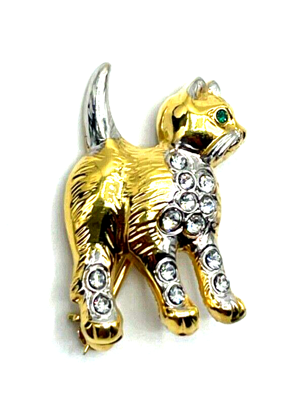 Vintage Brosche Anstecknadel kleine Katze vergoldet mit Strass Besatz wie neu7