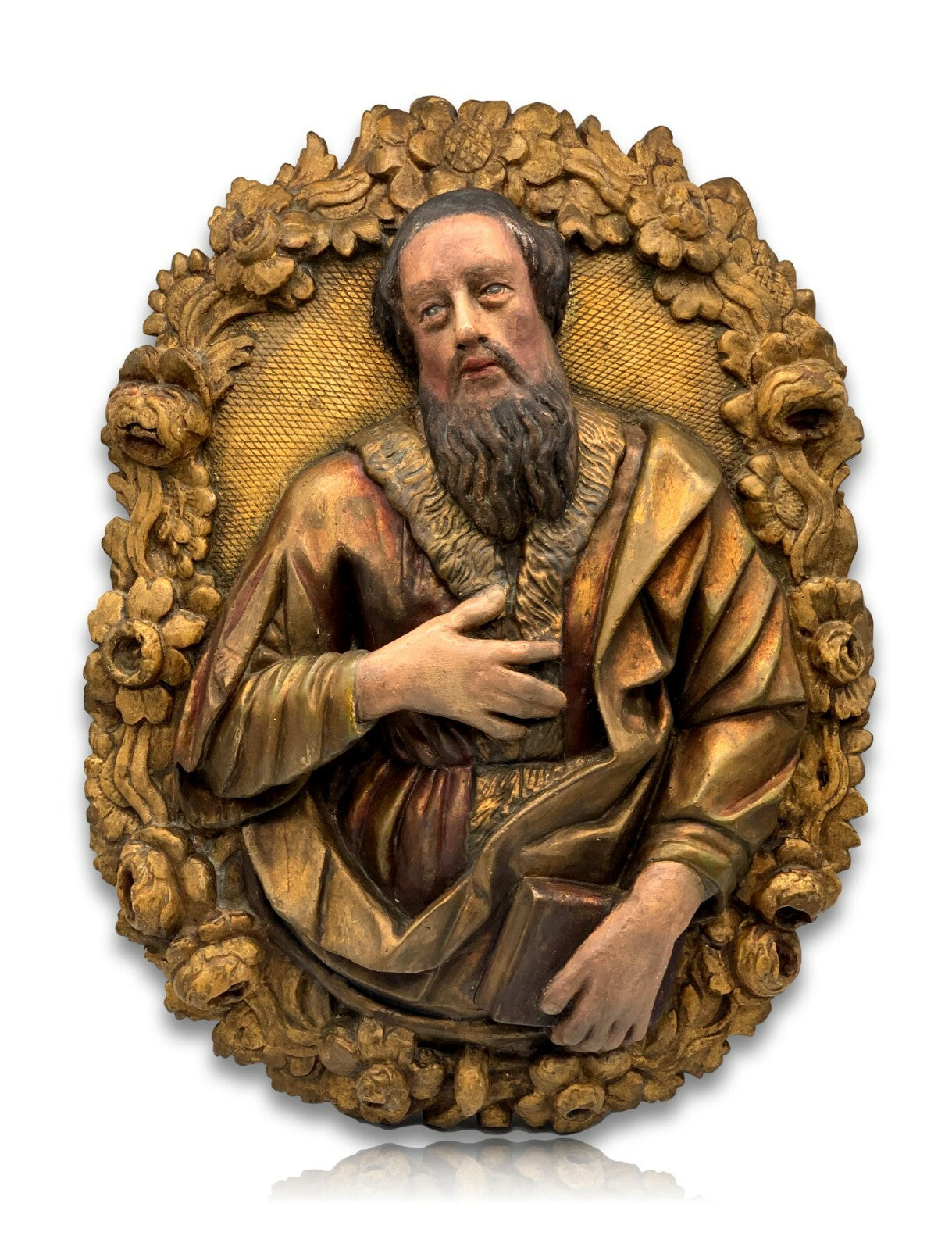 barocke Heiligen Figur Skulptur - Apostel mit Buch - gefasst - Reliefschnitzerei0