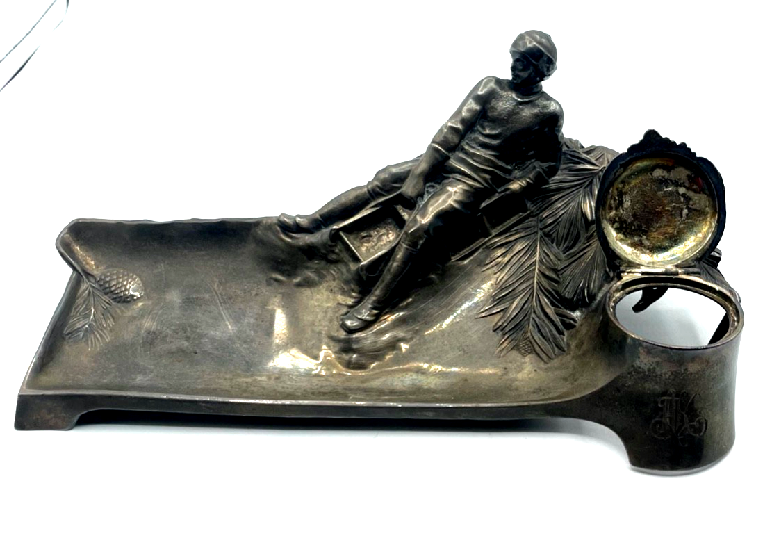 Jugendstil WMF dekorative Schreibtisch Auflage Tintenfass Rodler Schlittenfahrt12