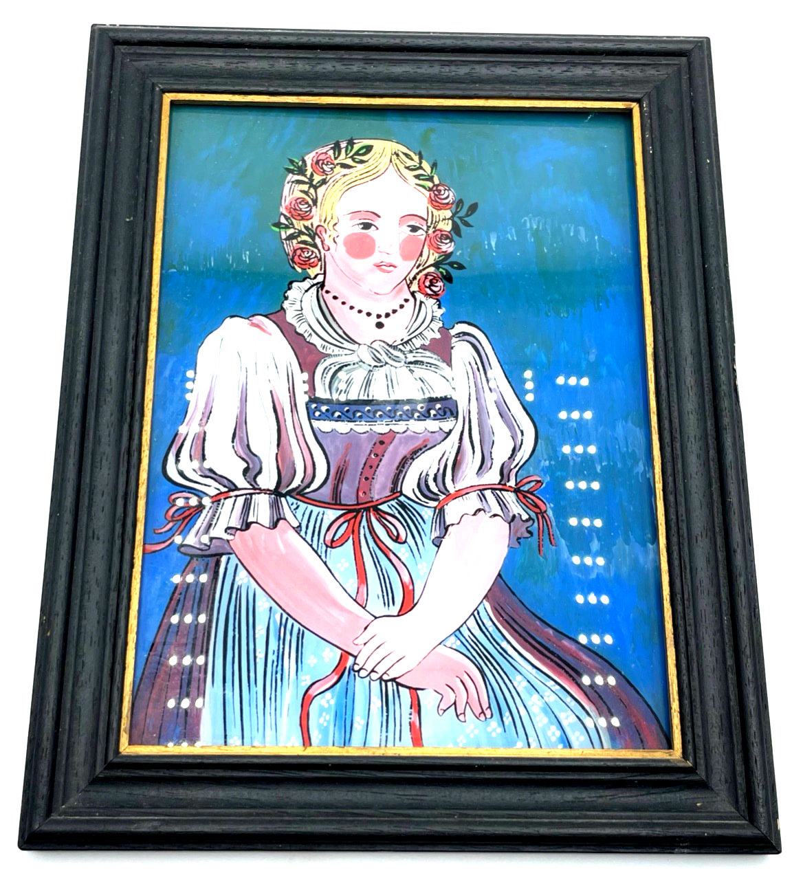 Vintage Hinterglasmalerei Hinterglasbild Mädchen in Tracht gerahmt 29 x 23 cm1