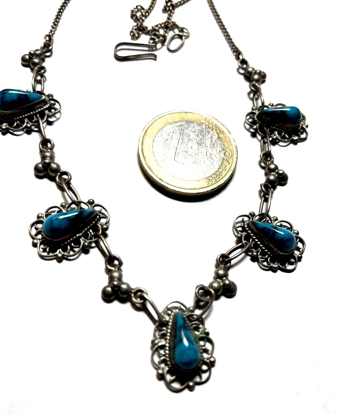 925 Sterling Silber Kette Collier mit 5x Türkis Mexiko Handarbeit sehr apart3