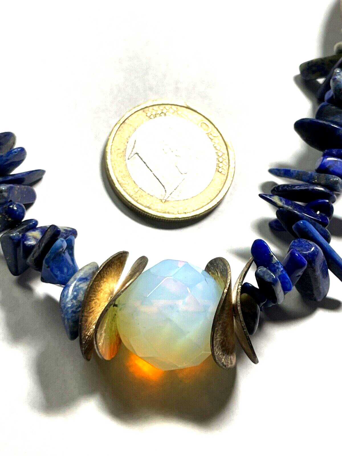 Attraktive Silber Design Kette Lapislazuli Stäbchen Opalinglas Kugel  L 48,5 cm2