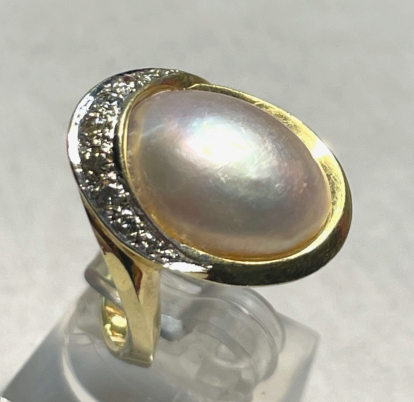 Eleganter 585 Gold 14 K Ring Tahiti Mabé Perle + 10 Diamanten Ø 17,5 mm RG 551