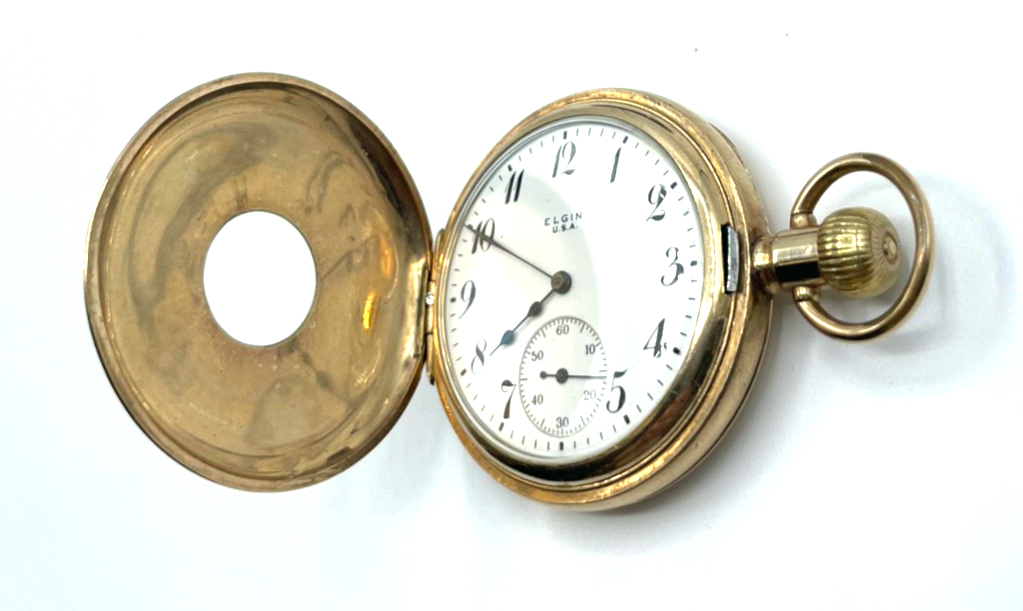 Antik HTU Herren Taschenuhr Elgin USA Golddouble + Glassturz TU Ständer läuft6
