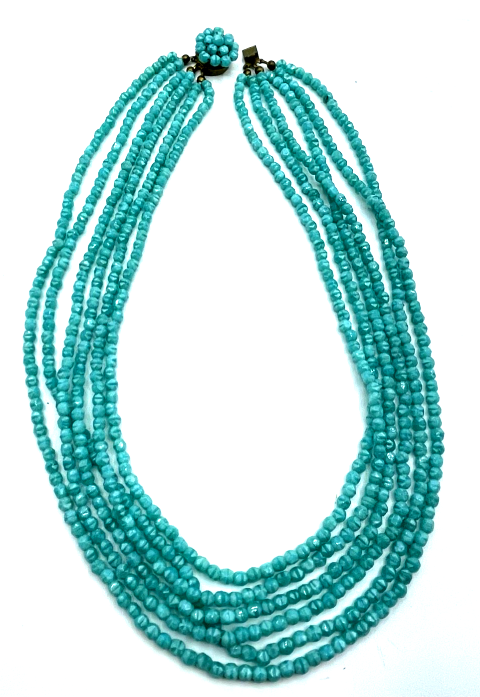 Antik 6 strängig Glaskette türkis farbige geschliffene Glasperlen Collier 50erJ0