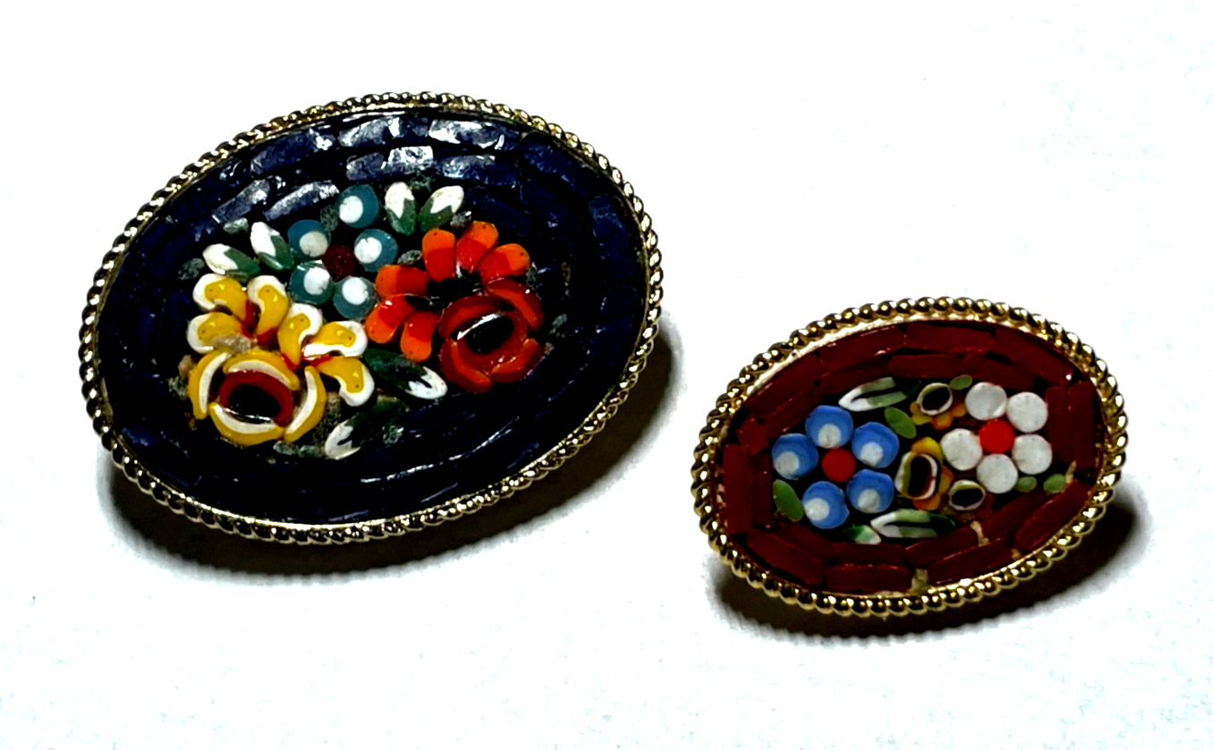 2 vintage ovale Glasmosaik Broschen Italien Micromosaik Blumen Bukett vergoldet0