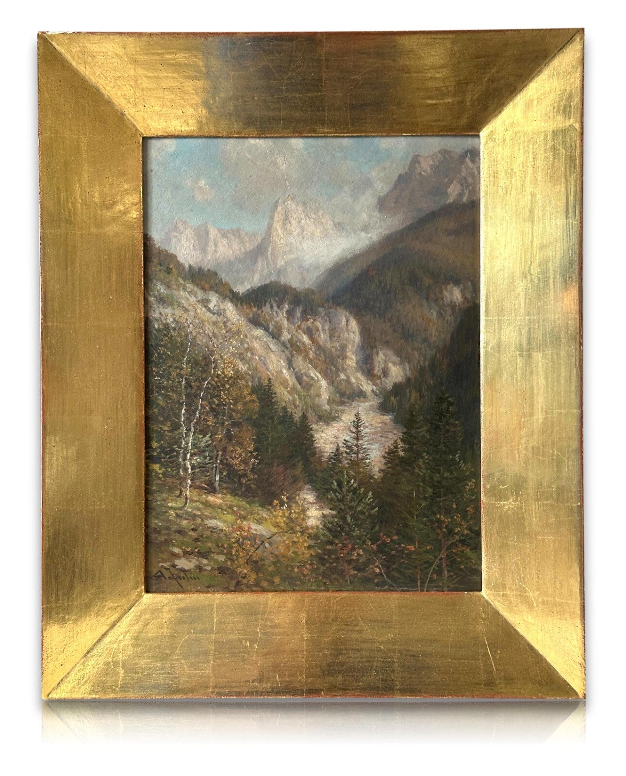 Anton Jahn 1869-? - Öl auf Karton - Gebirgs- Berglandschaft - gerahmt & signiert0